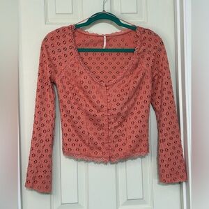 Free People Lace Button-Up Blouse in Coral Pink XS Bell Sleeves